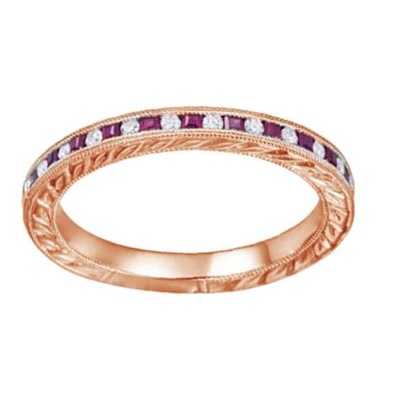 AFFY Princess Cut Simulated Pink Ruby & Natural Diamond Anniversary Band Ring 14K Solid Rose Gold, Size-6.5