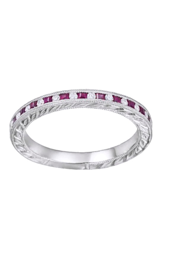 Princess Cut Simulated Pink Ruby & Natural Diamond Anniversary Band Ring 14K Solid White Gold, Size-11