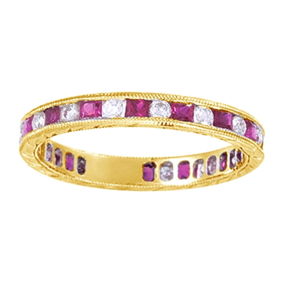 AFFY Princess Cut Simulated Pink Ruby & Natural Diamond Eternity Band Ring In 14K Yellow Gold