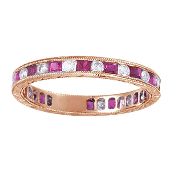 AFFY Princess Cut Simulated Pink Ruby With Natural Diamond Eternity Band Ring In 14K Rose Gold