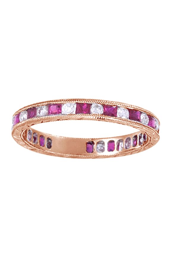 Princess Cut Simulated Pink Ruby With Natural Diamond Eternity Band Ring In 14K Rose Gold