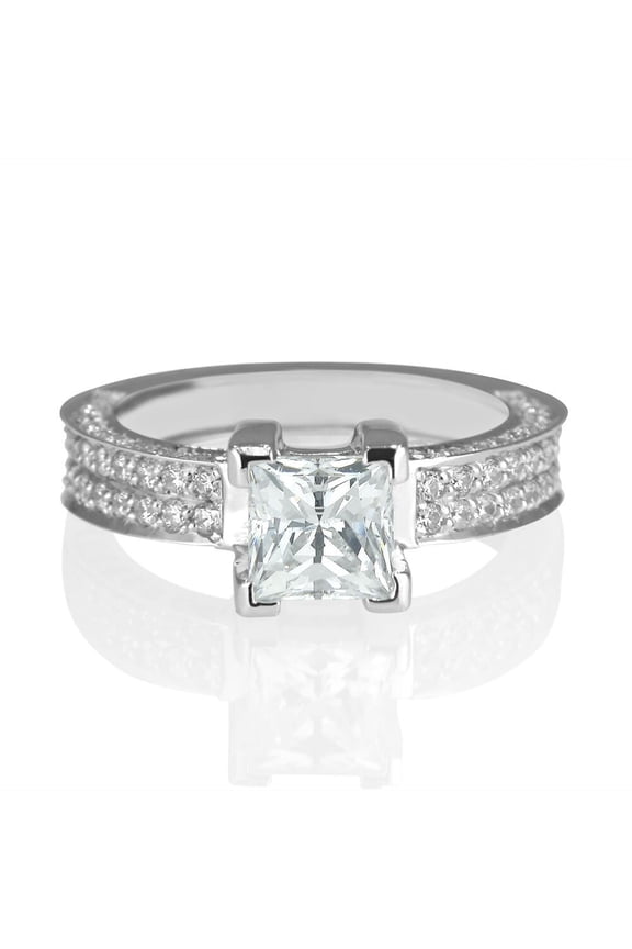 Princess Cut Solitaire Diamond Engagement Ring, Pave Set Accents Shank Diamond Ring, 2.4 Ct Simulated Diamond, 14K White Gold Plated