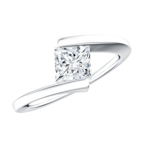 Rosec Jewels Certified Moissanite Promise Ring for Women - 5 mm Princess Cut - Bypass Ring - D-VS1 Quality, 18K White Gold, US 8.00
