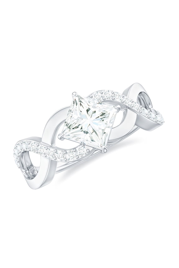 Certified Moissanite Princess Cut Engagement Ring 1 Carat - Designer Ring for Women - 6 mm - D-VS1 Quality, 10K White Gold, US 12.00