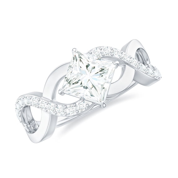 Rosec Jewels Certified Moissanite Princess Cut Engagement Ring 1 Carat - Designer Ring for Women - 6 mm - D-VS1 Quality, 10K White Gold, US 12.00
