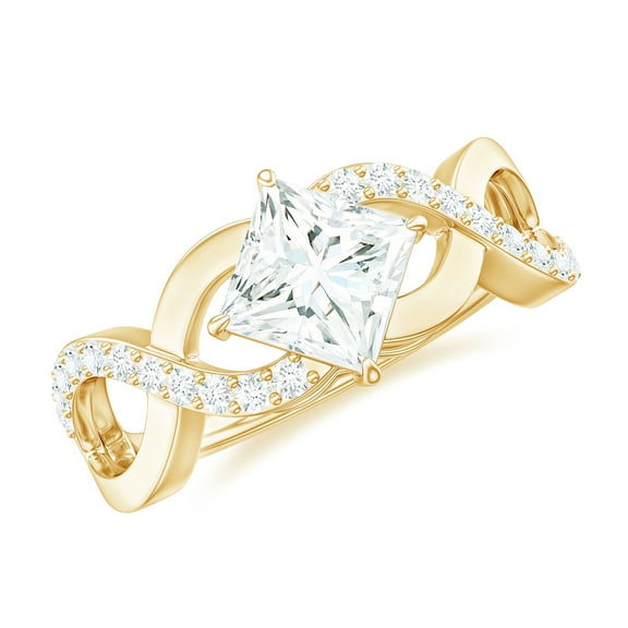 Rosec Jewels Certified Moissanite Princess Cut Engagement Ring 1 Carat - Designer Ring for Women - 6 mm - D-VS1 Quality, 10K Yellow Gold, US 6.50