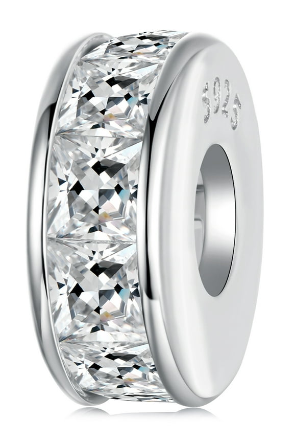 Princess Cut Sparkling Silicone Spacer Beads Charm 925 Sterling Silver Charm , Gift Box Packaging