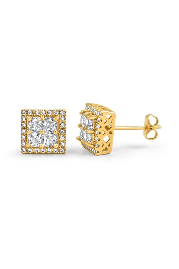 Princess Cut Square Cluster Gold CZ Hip Hop Earrings
