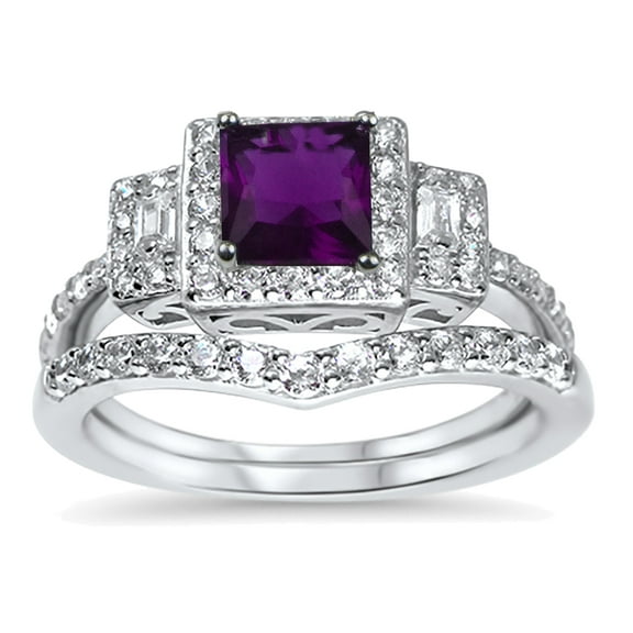 LaRaso & Co Princess Cut Sterling Silver Amethyst Purple CZ Wedding Engagement Ring Set Size 7