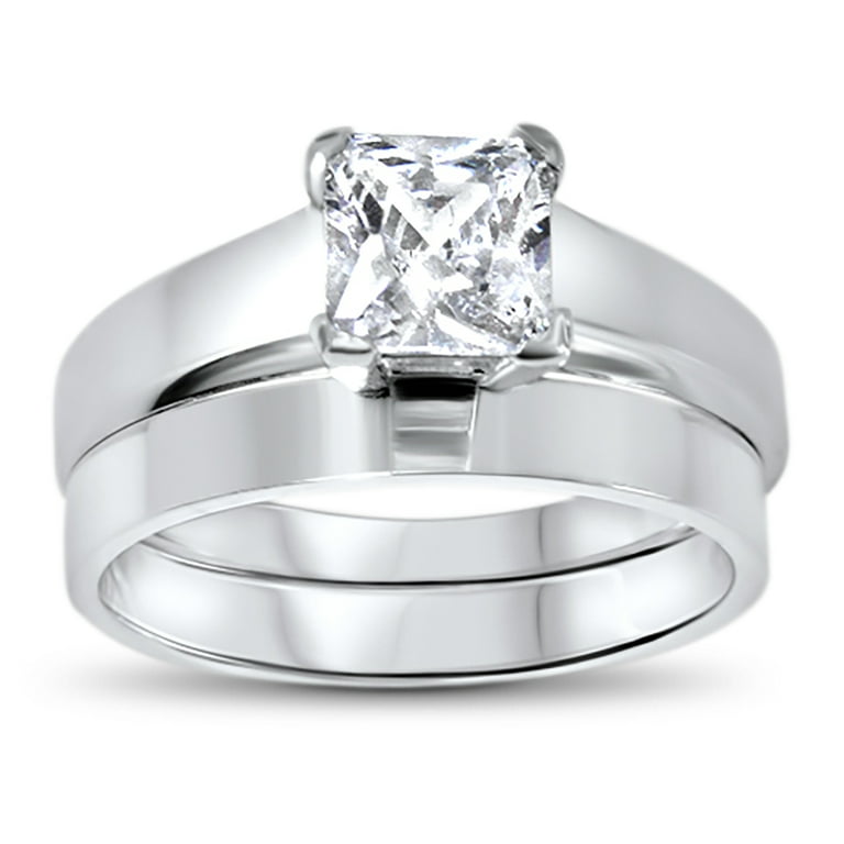 Princess Cut Sterling Silver CZ Wedding Engagement Ring Set for