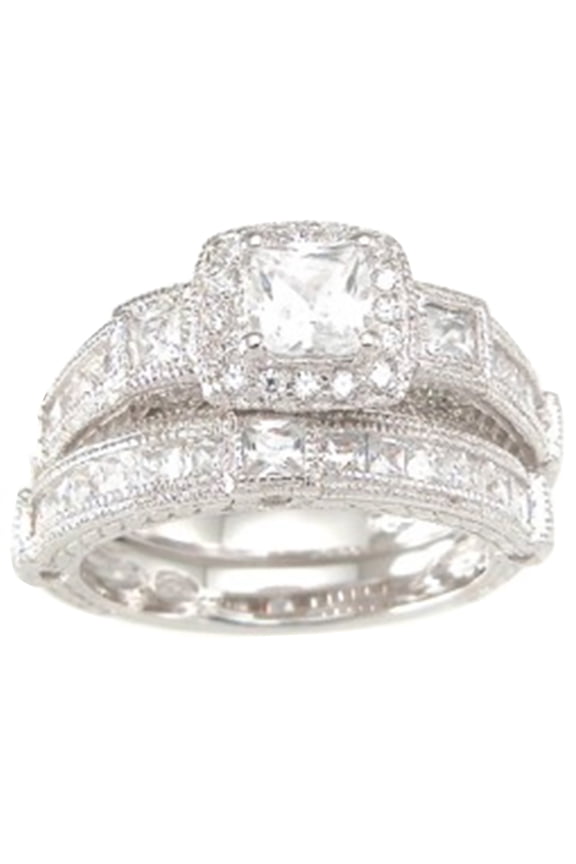 Princess Cut Sterling Silver Wedding Engagement Ring Set (Size 6)