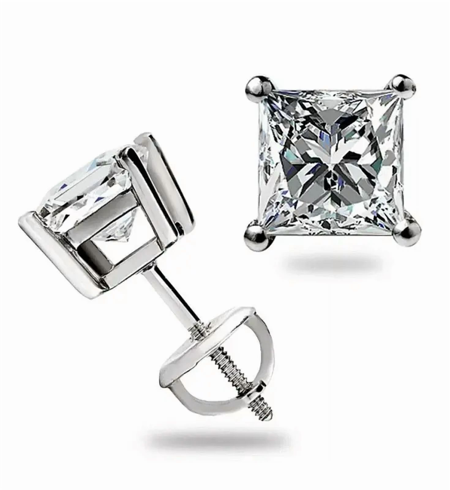 Princess Cut Stud Earrings with Screw Back 14k White Gold Plated