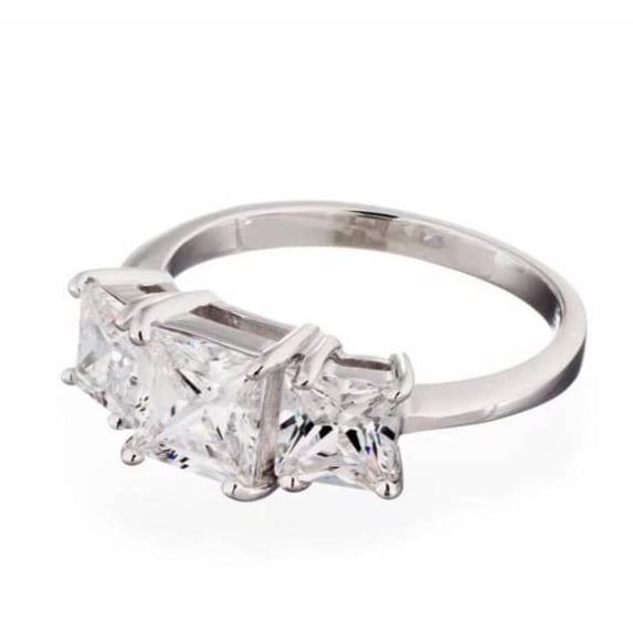 Princess Cut Three Stone Cubic Zirconia Engagement Ring In Sterling Silver