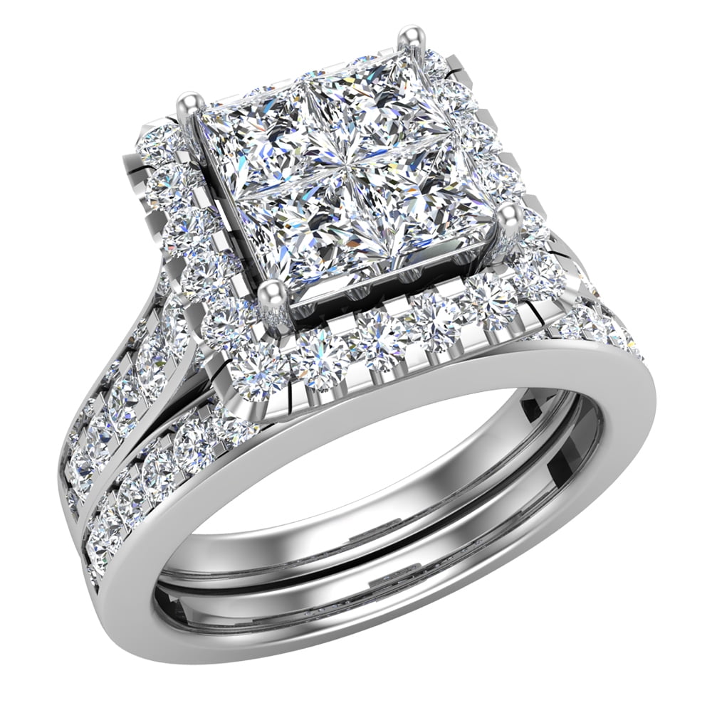 Princess Cut Wedding Rings Set for Women 14K White Gold Quad Illusion 1 ...