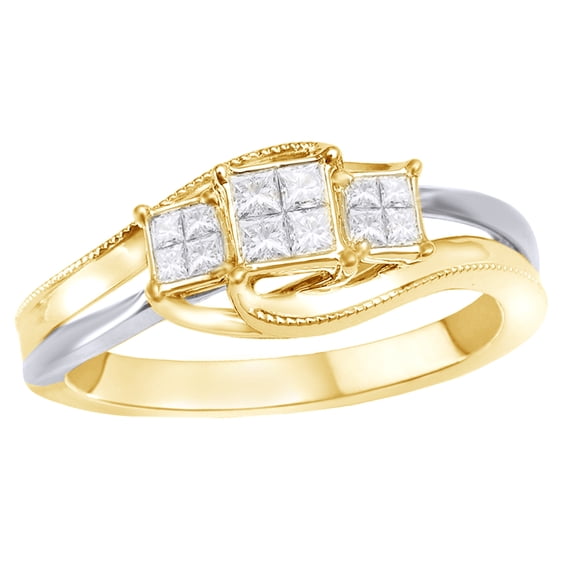 AFFY Princess Cut White Diamond Cluster Three Stone Ring in 10k Two Tone Solid Gold
