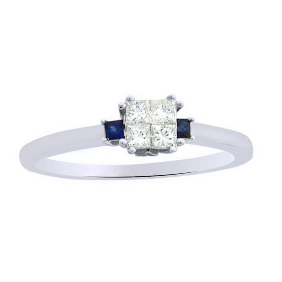 AFFY Princess Cut White Natural Diamond & Blue Sapphire Promise Ring in 14k White Gold
