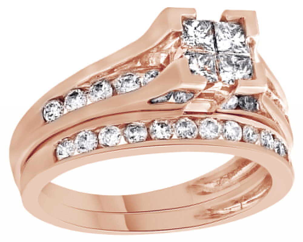 AFFY Princess Cut White Natural Diamond Bridal Engagement Wedding Ring Set In 14K Solid Rose Gold