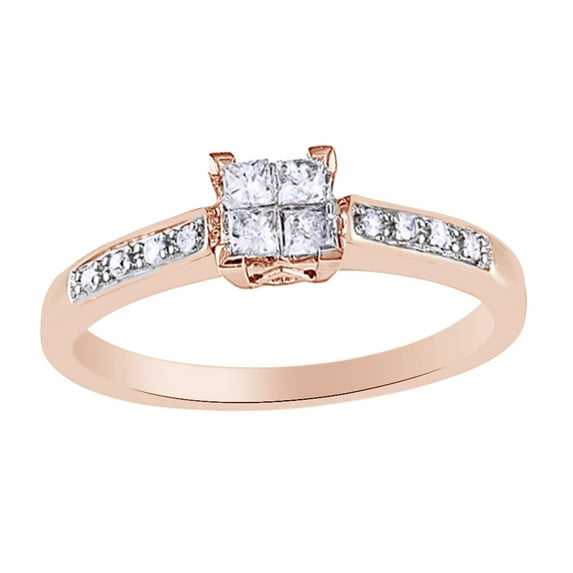 AFFY Princess Cut White Natural Diamond Engagement Ring in 10k Rose Gold