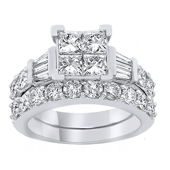 AFFY Princess Cut White Natural Diamond Engagement Square Cluster Ring Set In 14K Solid White Gold (2.5 Ct) By