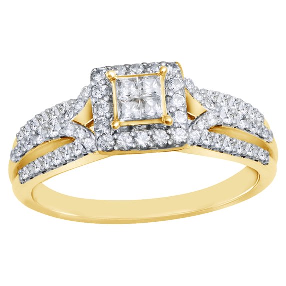 Princess Cut White Natural Diamond Frame Three Row Engagement Ring in 10k Yellow Gold