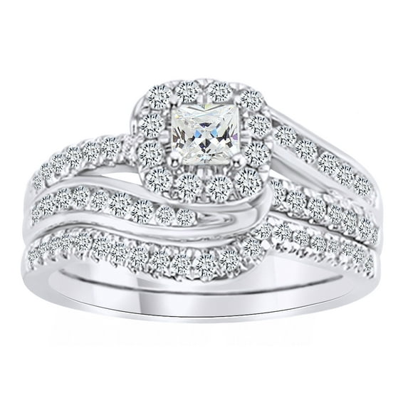 AFFY Princess Cut White Natural Diamond Halo Bypass Bridal Ring Set In 14K Solid White Gold (1 Ct) By