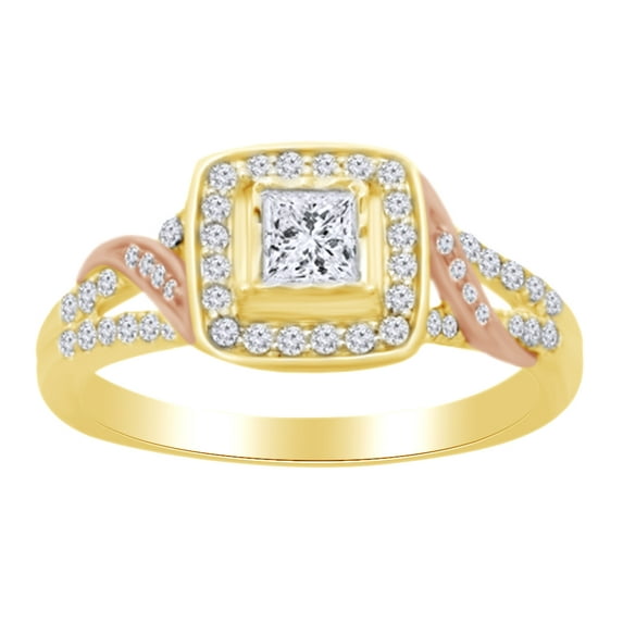 AFFY Princess Cut White Natural Diamond Halo Engagement Band Ring In 14K Solid Yellow Gold (0.5 Cttw)