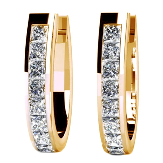 AFFY Princess Cut White Natural Diamond Hoop Earrings In 14K Solid Yellow Gold (1.92 Ct)
