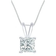 JEWEL ZONE US Princess Cut White Natural Diamond Solitaire Pendant Necklace In 14k White Gold ( CTTW 0.66 )