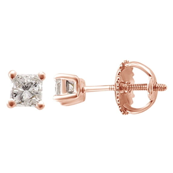 AFFY Princess Cut White Natural Diamond Solitaire Stud Earrings in 14k Rose Gold (0.25 Cttw )