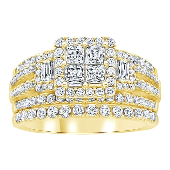 AFFY Princess Cut White Natural Diamond Square Cluster Bridal Ring In 14K Solid Yellow Gold (1.62 Ct)