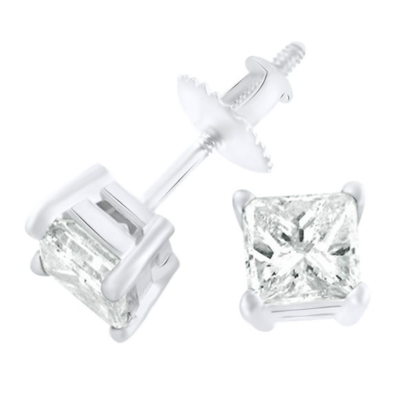 AFFY Princess Cut White Natural Diamond Stud Earrings In 14k White Gold
