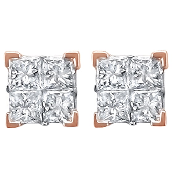 AFFY Princess Cut White Natural Diamond Stud Earrings in 14K Rose Gold (1 Cttw)