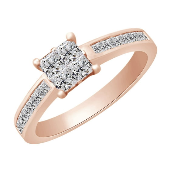 AFFY Princess Cut White Natural Diamond Womens Engagement Wedding Ring In 14k Rose Gold (0.8 cttw) With Ring Size 14