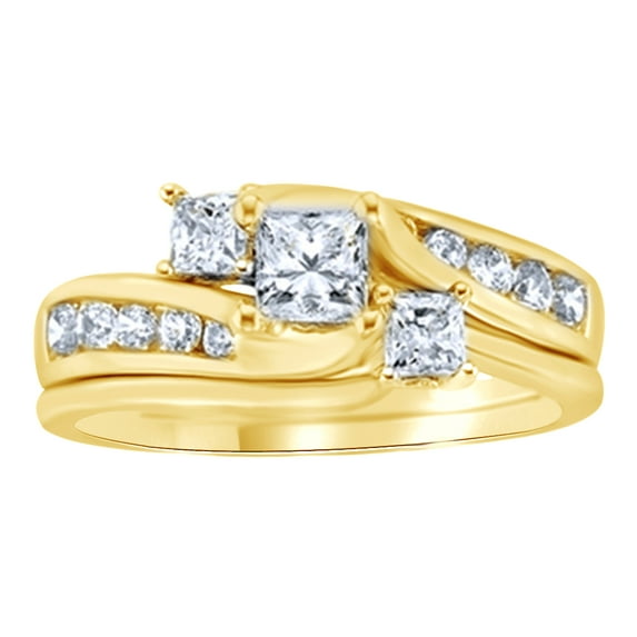 AFFY Princess Cut White Natural Three Stone Bypass Wedding Ring Set In 14K Solid Yellow Gold (1 Ct) By