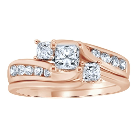 AFFY Princess Cut White Natural Three Stonepass Wedding Ring Set In 14K Solid Rose Gold (1 Ct)