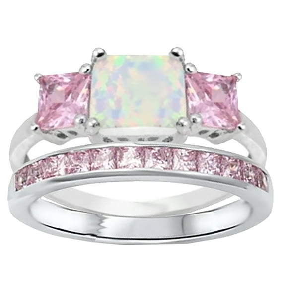 Princess Cut White Opal Pink CZ Wedding Engagement Ring Set for Women Size 8