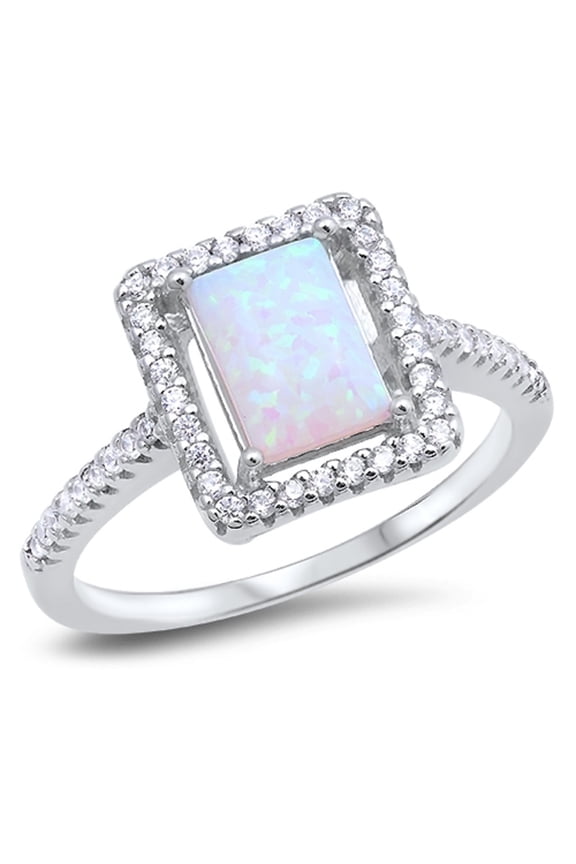 Princess Cut White Simulated Opal Surrounded With Small Cubic Zirconia Stone Ring Sterling Silver Size 9