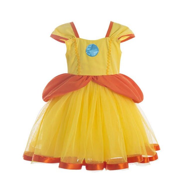 Princess Daisy Costume Adult Kids Girls Puff Sleeve Dress+Crown Fairy