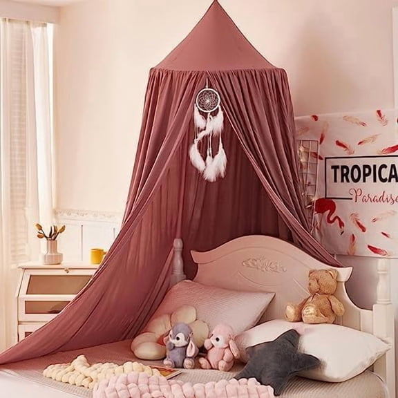 Princess Decor Canopy for Kids Bed, Soft and Durable Bed Canopy for Girls Room Tent Canopy Dreamy Mosquito Net Bedding, Children Reading Nook Canopies Indoor(Red Bean)