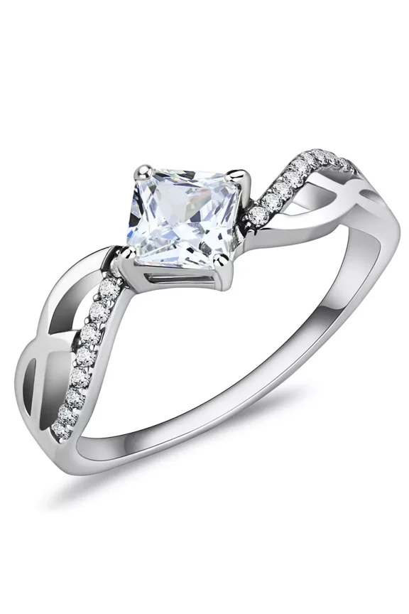 Princess Diamond Solitaire Engagement Ring, Wavy Shank Pave Set Diamond Ring, 1.8 Ct Simulated Diamond, 14K White Gold Plated, Promise Ring