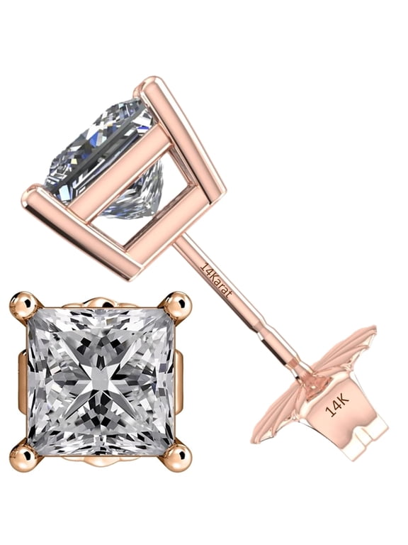 Princess Diamond Stud Earrings CVD Lab Grown, E-F Color VS-SI, 0.25ctw (0.23ctw to 0.27ctw) 14K Rose Gold Friction