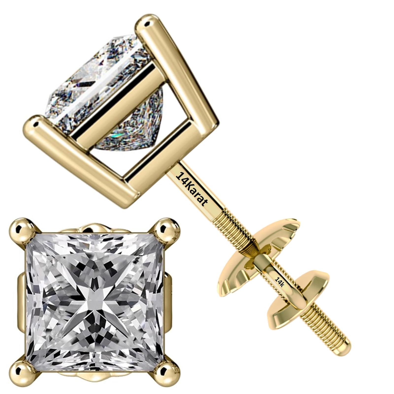 Princess Diamond Stud Earrings CVD Lab Grown, E-F Color VS-SI, 0.50ctw (0.50ctw to 0.54ctw) 14K Yellow Gold Threaded