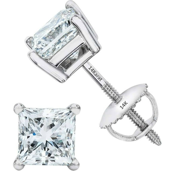 Princess Diamond Stud Earrings CVD Lab Grown, E-F Color VS-SI, 0.70ctw (0.70ctw to 0.74ctw) 14K White Gold Threaded