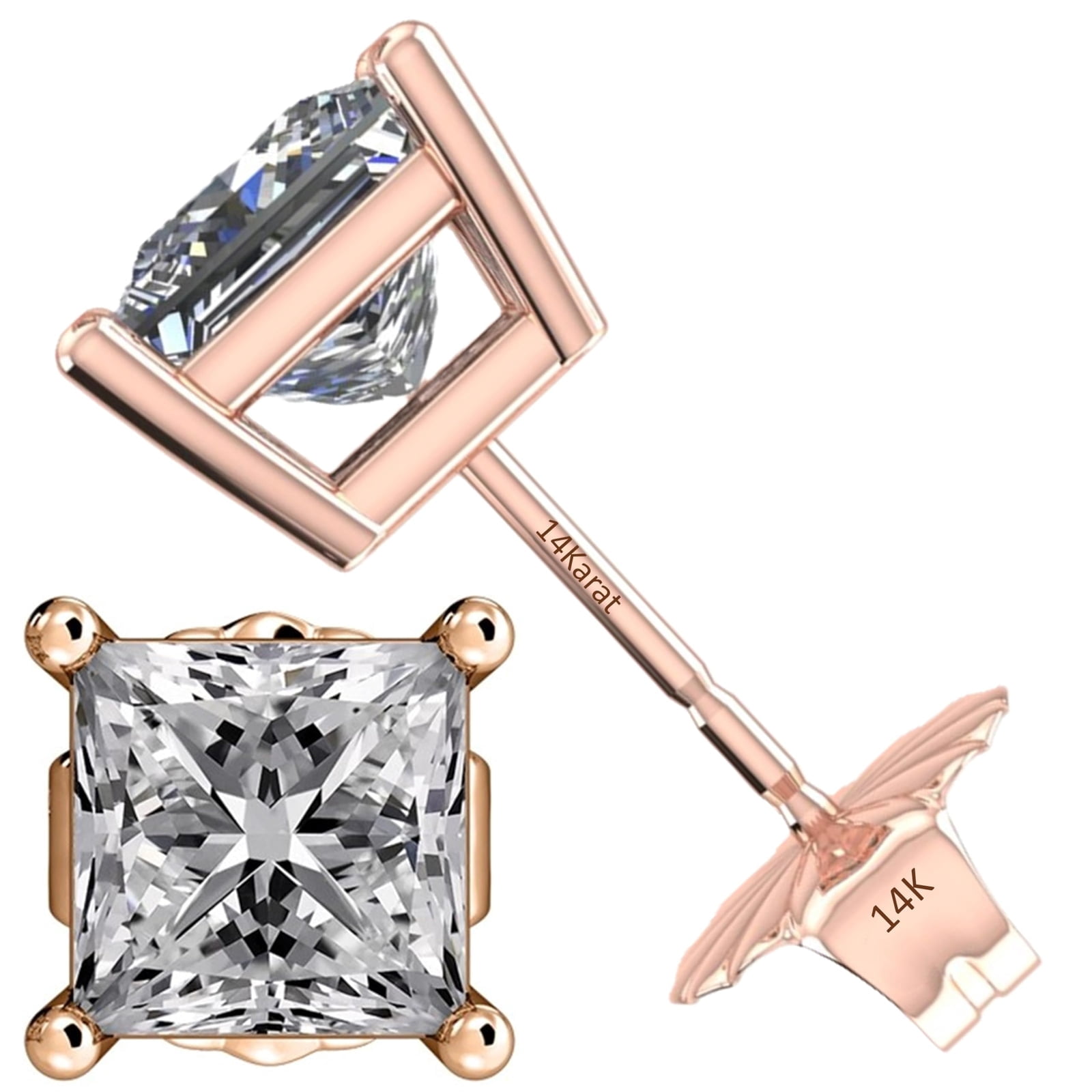 Princess Diamond Stud Earrings CVD Lab Grown, E-F Color VS-SI, 1.00ctw (1.00ctw to 1.04ctw) 14K Rose Gold Friction