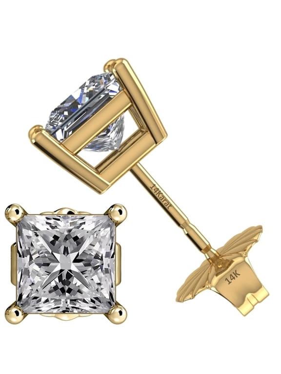 Princess Diamond Stud Earrings CVD Lab Grown, E-F Color VS-SI, 1.00ctw (1.00ctw to 1.04ctw) 14K Yellow Gold Friction