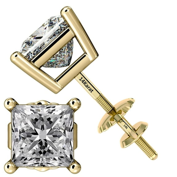 Princess Diamond Stud Earrings CVD Lab Grown, E-F Color VS-SI, 1.05ctw (1.05ctw to 1.09ctw) 14K Yellow Gold Threaded
