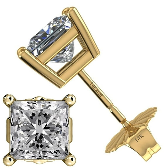 Princess Diamond Stud Earrings CVD Lab Grown, E-F Color VS-SI, 1.75ctw (1.75ctw to 1.79ctw) 14K Yellow Gold Friction