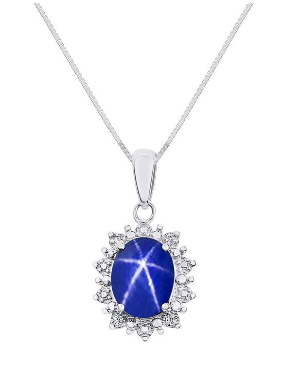 Princess Diana Inspired Halo Diamond & Blue Star Sapphire Pendant Necklace Set In Sterling Silver .925 with 18" Chain