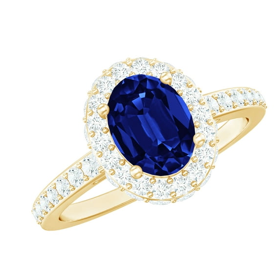 Rosec Jewels Oval Shaped Lab Grown Blue Sapphire and Diamond Ring - Halo Engagement Ring for Women - AAAA Quality Certified, 10K Yellow Gold, US 10.50