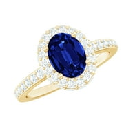 Rosec Jewels Oval Shaped Lab Grown Blue Sapphire and Diamond Ring - Halo Engagement Ring for Women - AAAA Quality Certified, 14K Yellow Gold, US 6.00